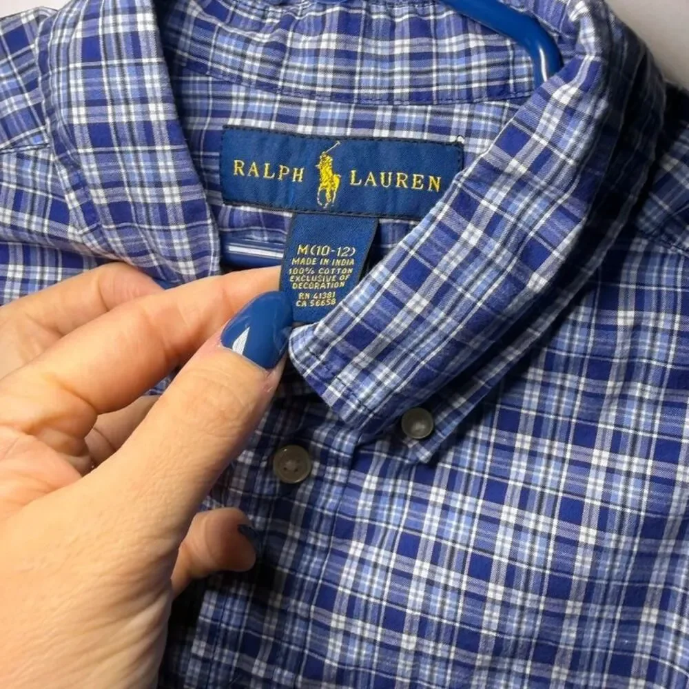 Ralph Lauren Boys Blue Plaid Cotton Button-Down Shirt M 10–12